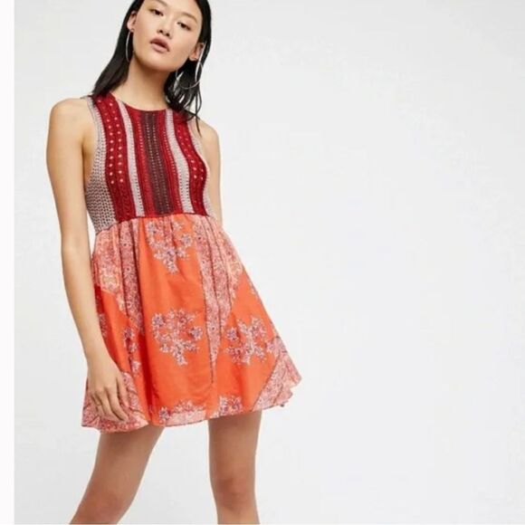 Free People Katies Crochet Sleeveless Mini Dress Women’s Red & Orange Size Small - Picture 1 of 8